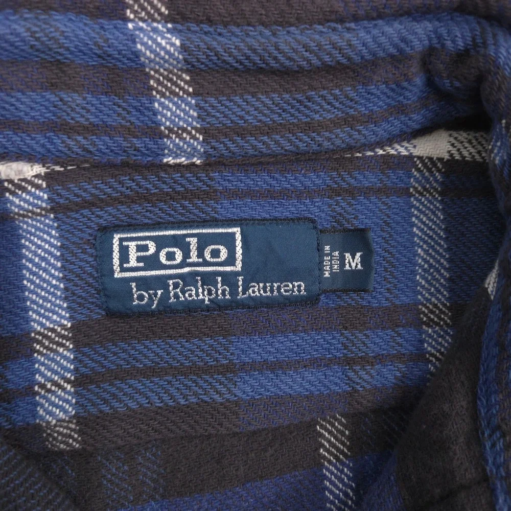 Vintage Polo Ralph Lauren Flannel Work Shirt Mens M Blue Plaid Pencil Pocket 90s